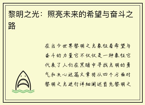 黎明之光：照亮未来的希望与奋斗之路